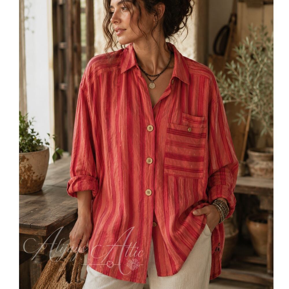 Free People We The Free Linen Blend Shirt Button Up Coral Stripe Boho Indie Sz S